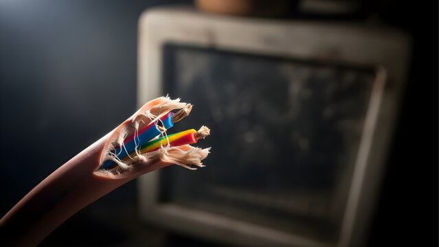 Rodent-Damaged Electrical Cable with Exposed Wires Posing a Fire Hazard