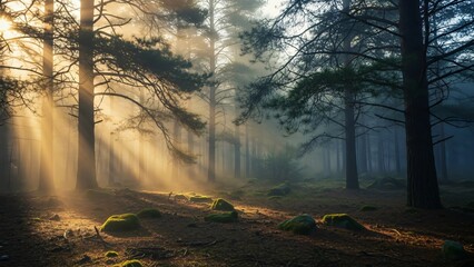 Golden sunbeams pierce through a misty pine forest in the early morning