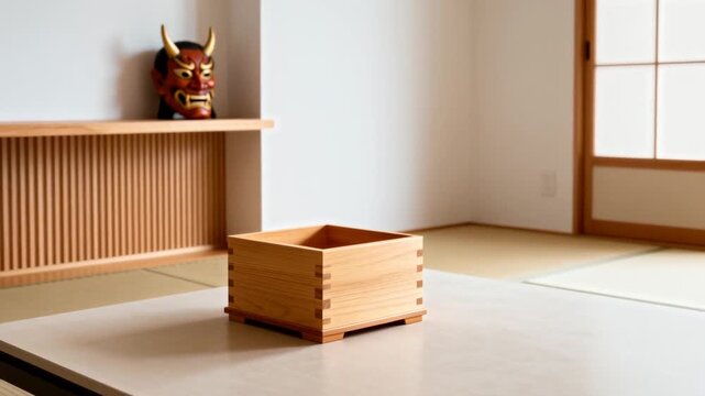 a modern japanese style living room with setsubun decorations, small oni mask on shelf, masu box on table, clean minimal interior, perfect for setsubun