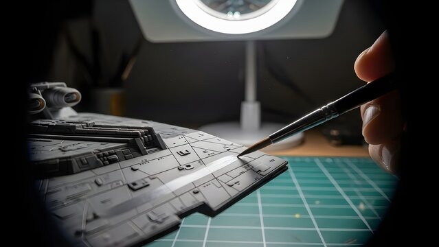 An artist carefully paints a detailed model of a futuristic spacecraft under a bright desk lamp.