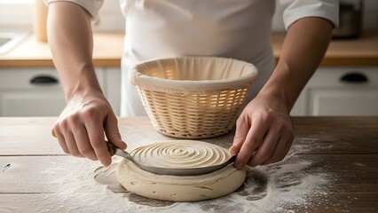 Baker scoring dough with a lame before baking in a kitchen