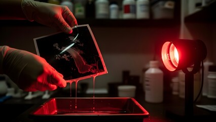 Hands in gloves develop a photograph under a red safelight in a darkroom.