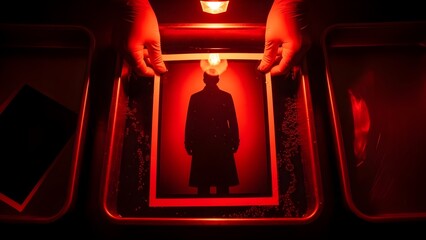 Hands hold a newly developed photo print of a mysterious silhouette in a vintage darkroom.