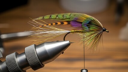 Close up of a decorative fishing fly on a hook in a vise on a wooden surface.
