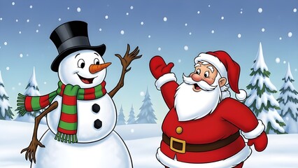 Snowman waving its hand to Santa