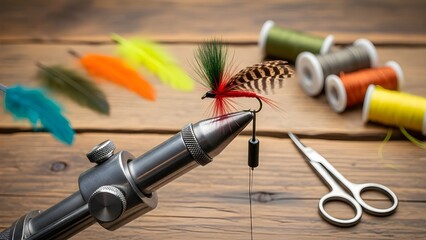 Fly tying equipment including a vise holding a fishing lure colorful feathers and spools of thread on a wooden table.