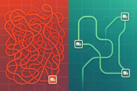Complex Logistics Paths Illustrated with Polychromatic Linear Patterns Highlighting Contrasts Between Chaotic Delivery Routes and Streamlined Transportation Networks