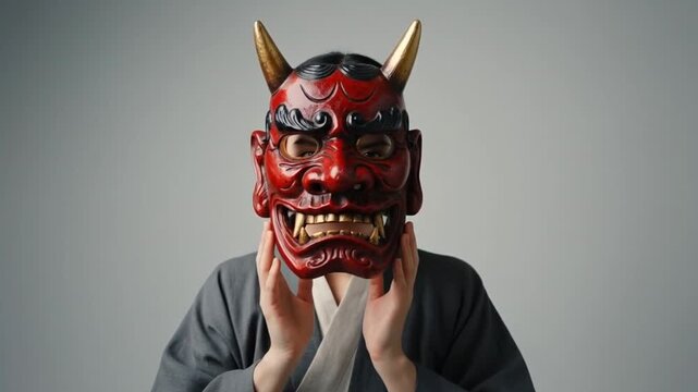 model holding an oni mask in front of their face as they slowly reveal it or bring it closer to the camera, dynamic portrait for setsubun