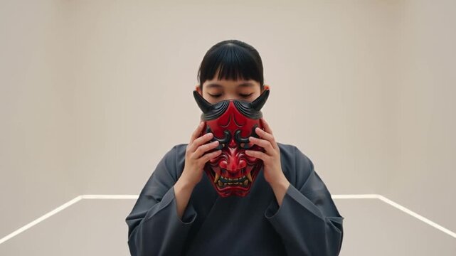 model holding an oni mask in front of their face as they slowly reveal it or bring it closer to the camera, dynamic portrait for setsubun