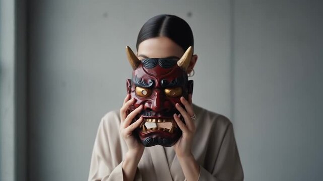 model holding an oni mask in front of their face as they slowly reveal it or bring it closer to the camera, dynamic portrait for setsubun