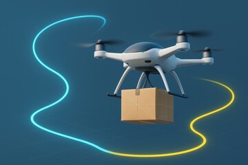 Aerial delivery drone transporting package through a digital landscape with illuminated flight path representing the future of logistics and technology driven innovation