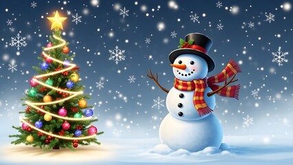 Fototapeta premium Artistic snowman with colorful decorated Christmas tree, winter wonderland background, glowing lights, magical holiday background.