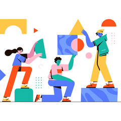 Diverse team building abstract shapes and geometric forms together