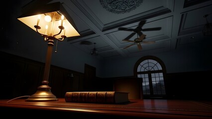 A desk lamp illuminates a book in a dimly lit room.