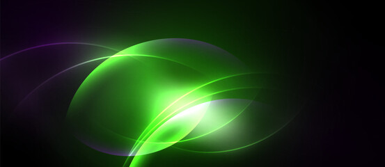 Abstract design features vibrant green, purple glows. Smooth curves create organic, flowing shapes against dark background. Light radiates energy.