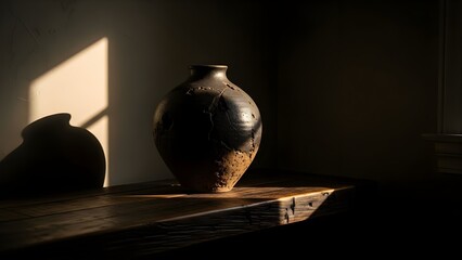 Dramatic sunlight highlights a weathered ceramic vase on a rustic wooden surface in a quiet room.