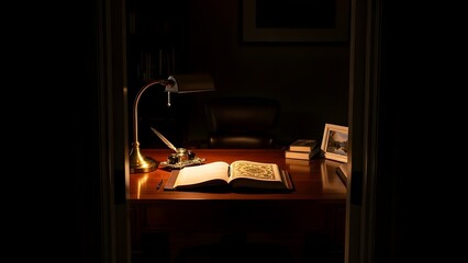A dimly lit office desk with an open book and a lamp shining on it.