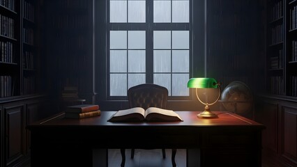 A cozy dimly lit library with a desk and a green lamp creates a sense of tranquility.