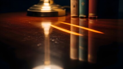 Warm light and reflections from books and a lamp create a cozy atmosphere on a vintage wooden table.