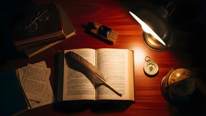 A warm and vintage desk scene featuring an open book a quill pen spectacles a compass and a globe illuminated by a classic lamp.
