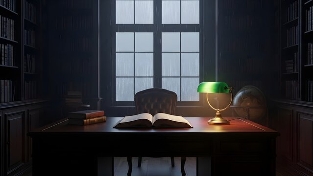 A cozy dimly lit library with a desk and a green lamp creates a sense of tranquility.