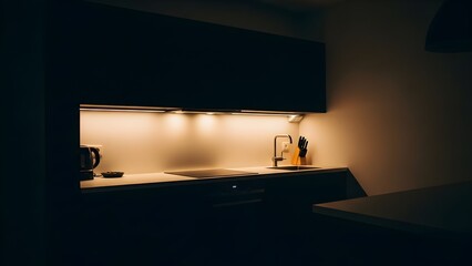 A modern dark kitchen with warm undercabinet LED lighting creating a cozy ambiance at night.