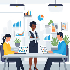 Diverse team collaborating in a modern office with data charts