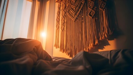 A cozy bedroom scene with sunlight streaming through curtains onto a bed and a macrame wall hanging.