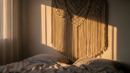Warm morning sunlight illuminates a macrame wall hanging above a cozy bed in a peaceful bedroom.