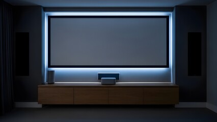 Fototapeta premium Home theater with large screen and blue lighting speakers on wall.
