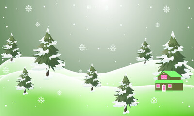 Scenic winter landscape with snow-covered trees, rolling hills, and a cozy house. Festive holiday season nature illustration. Background for Christmas