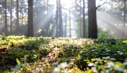 Obraz premium Beautiful sunny morning in green forest