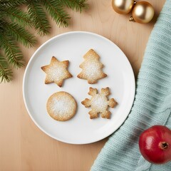 Top-Down Holiday Cookie Scene with Knitted Blanket and Christmas Ornaments 