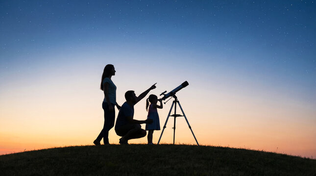 Silhouette of a family with a child looking through a telescope at night on a hilltop, observing stars in the sky during twilight, enjoying stargazing together. Teaching children. Space observation
