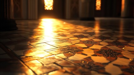 Golden sunlight streaming across an ornate, patterned mosaic tile floor inside a dimly lit, historic building or mosque
