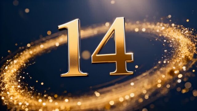 elegant rotating julian calendar number 14, glowing gold particles swirling around on a deep navy background, orthodox new year concept