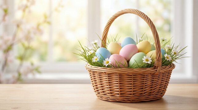 Easter basket filled with colorful decorated eggs