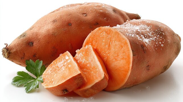 Premium food photography: hyper-realistic natural-lit sweet potato, orange flesh vs skin contrast—ideal for cookbook cover, restaurant menu insert or subway ad
