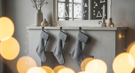 Festive Fireplace with Stockings and Bokeh Lights - A Cozy Christmas Scene.