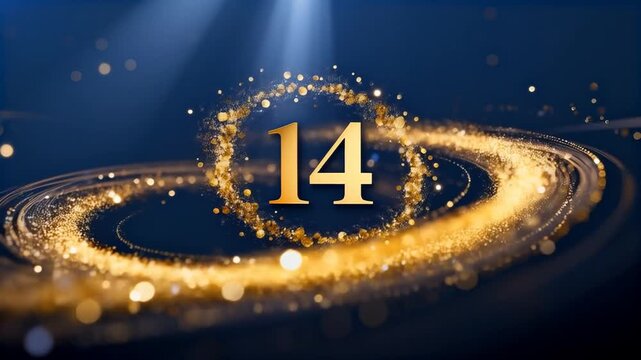 elegant rotating julian calendar number 14, glowing gold particles swirling around on a deep navy background, orthodox new year concept