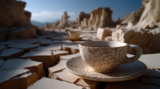A cracked, parched earth landscape features a fragile porcelain cup and saucer, symbolizing beauty amidst desolation and evoking thoughts of fragility and resilience in a harsh environment.