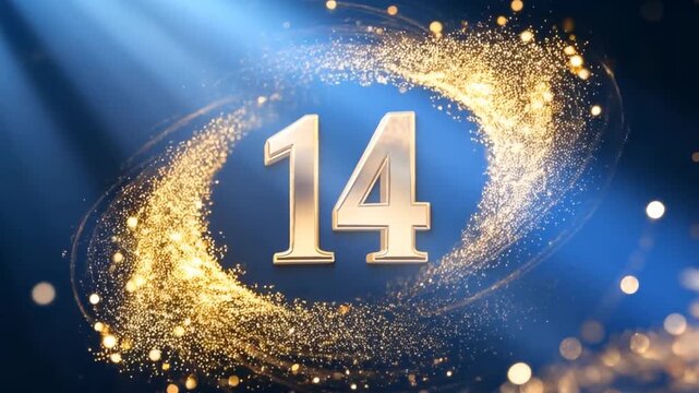 elegant rotating julian calendar number 14, glowing gold particles swirling around on a deep navy background, orthodox new year concept