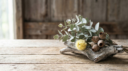 Still life on weathered timber featuring eucalyptus branches, dried gum nuts, and yellow wattle blossom
