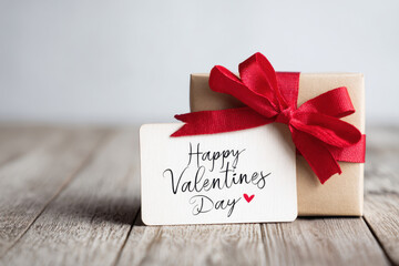 Valentine gift box with red ribbon and a greeting card that says Happy Valentines Day