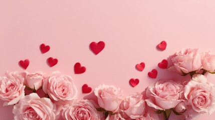 Romantic pink roses and red heart confetti on soft pink background for love theme