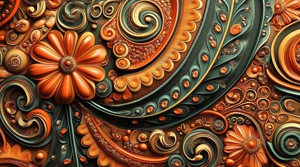 Intricate 3d baroque floral pattern with swirling ornamental relief in warm orange and deep teal colors, highly detailed texture