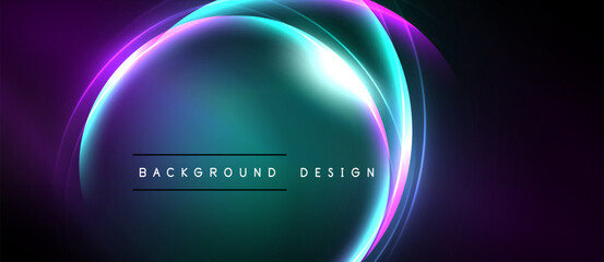 Abstract neon circles overlap dark background. Vibrant colors create futuristic visual effect. Text reads background design.