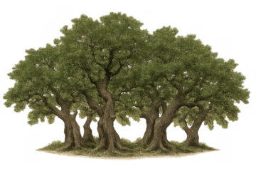 Grove of ancient green trees digital painting with twisted trunks and foliage, transparent background