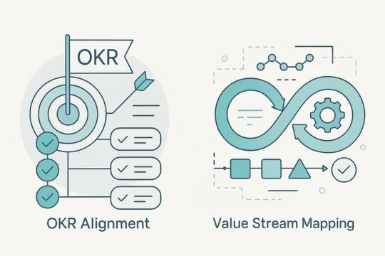 Understanding OKR Alignment and Value Stream Mapping for Enhanced Business Efficiency and Goal Fulfillment in Agile Environments captured with clarity