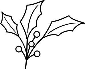 Holly Leaves and Berries Outline Clipart.
Christmas Holly Line Art Icon Set.
Holiday Winter Holly Outline with template.
Transparent background. svg.